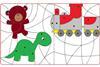 Colouring activity with a teddy bear, dinosaur and train