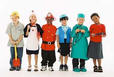 Photo of either real life professionals, or cartoon like characters doing different jobs, e.g.: teacher, chef, dancer etc.