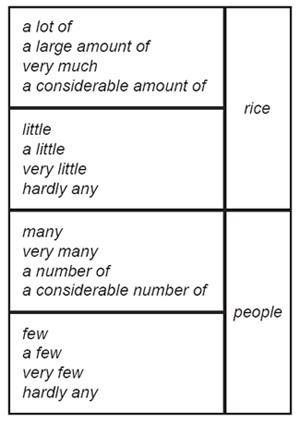A table to show the language used to describe number and amount